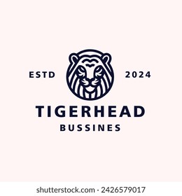 Hand Draw Head Tiger Monoline Vector Logo Design Vintage