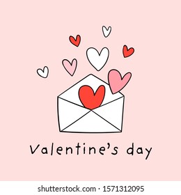 Hand draw heart in the envelope for Valentines day on pink color.Doodle cartoon style.