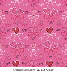 Hand zeichnen Herzform und Bogen Design Valentine festlich auf rosafarbenem Hintergrund nahtlose Muster Vektor .