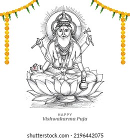 Hand draw hindu god vishwakarma sketch and vishwakarma puja holiday background