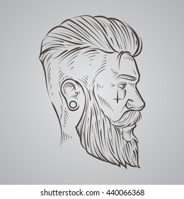 hand draw, hipster label badge, for logo, simple iilustration, man, profile view