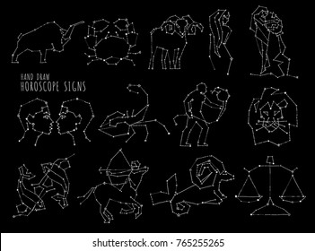 Hand draw horoscope symbols, all Zodiac signs in constellation style with line and stars on black background. Collection of zodiac symbols, thirteen stars constellations set.