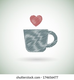 Hand draw hot coffee cup icon with heart. Vector illustration.