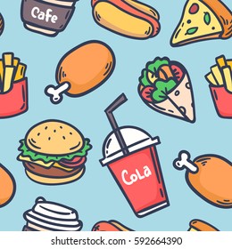 Hand draw hot dog, hamburger, pizza slice, chicken,fries, cola. colorful pattern background. Fast food seamless vector pattern.