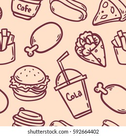 Hand draw hot dog, hamburger, pizza slice, chicken,fries, cola. sepia pattern background. Fast food seamless vector pattern.
