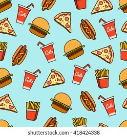 Hand draw hot dog, pizza - colorful pattern background. Fast food seamless vector pattern.