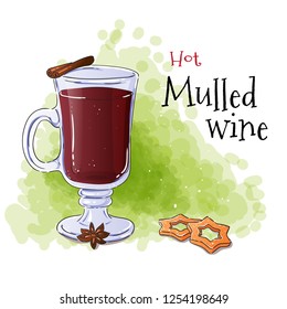 Hand draw hot mulled wine with cookies. Christmas holiday drink illustration. Vector watercolor illustration.
