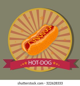 Hand draw hot-dog with vintage badge. Vector