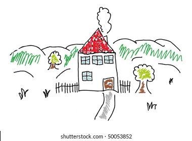 Hand draw house with red roof.