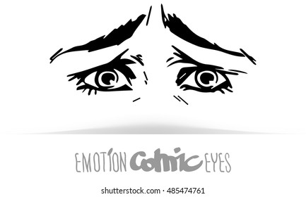 Hand draw human eyes in comic style. Graphic illustration/ Vector isolated. Various emotions: pity. Eye medication; optometrist, ophthalmologist, glasses, contact lenses, vision research concept.