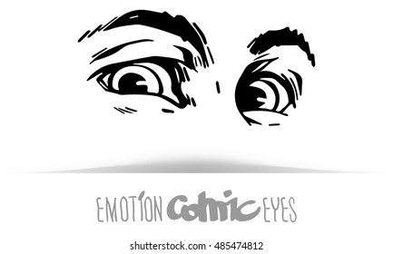 Hand draw human eyes in comic style. Graphic illustration/ Vector isolated. Various emotions: surprise. Eye medication; optometrist, ophthalmologist, glasses, contact lenses, vision research concept.