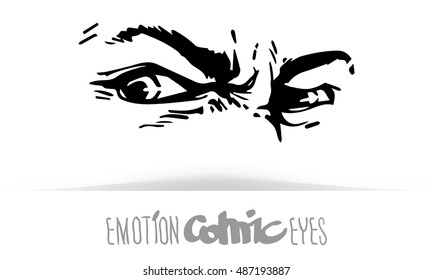 Hand draw human eyes in comic style. Graphic illustration/ Vector isolated. Various emotions: rage. Eye medication; optometrist, ophthalmologist, glasses, contact lenses, vision research concept.