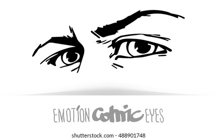 Hand draw human eyes in comic style. Graphic illustration/ Vector isolated. Various emotions: suspicion. Eye medication; optometrist, ophthalmologist, glasses, contact lenses, vision research concept.