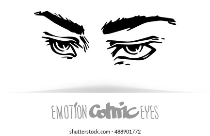 Hand draw human eyes in comic style. Graphic illustration. Vector isolated. Various emotions: indifference. Eye medication; optometrist, ophthalmologist, glasses, vision research concept.