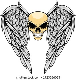 The hand draw of the human skull with the wings flying design of illustration