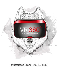 Hand draw husky portrait. Dog in virtual reality glasses . Hand draw vector illustration