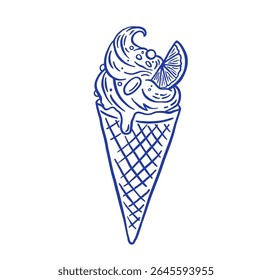 Hand draw ice cream cone with lemon vector illustration. Vintage gelato dessert icon in doodle style