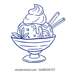 Sorvete de desenho à mão com cobertura e caramelo em uma ilustração vetor de tigela de vidro. Doodle sobremesa congelada