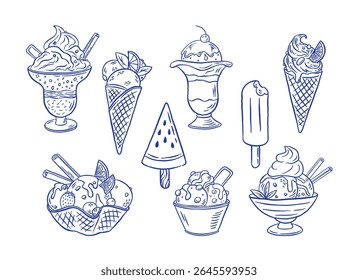 Hand draw ice cream vector illustration. Vintage icecream icon set. Gelato, cone, sorbet, frozen yogurt, dessert in doodle style