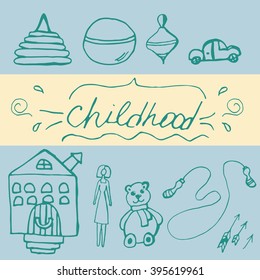 Hand draw icon of baby toy. Childhood card. Set of icon on blue background