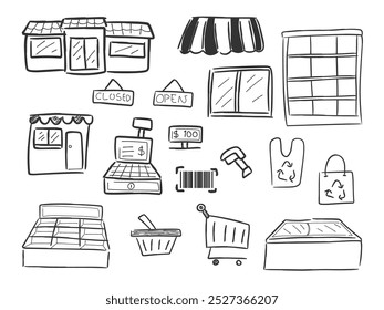 hand draw icon set of supermarket concept isolated on white background