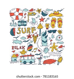 Hand draw icon set surfing collection and summer holiday for your design. Tourism and vacation theme