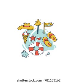 Hand draw icon surfing collection and summer holiday for your design. Tourism and vacation theme