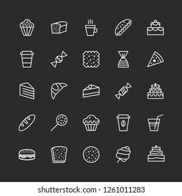 hand draw icons set of bakery line style isolated on background with cake and dessert for confectionery store, bakery shop, logo, cafe, restaurant, sweet pattern, packaging paper. vector 10 eps