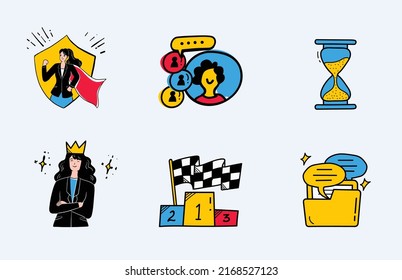 hand draw icons for Success fearless female, celebrating victory. Concept of business success, competition winner, champion or leader. super hero woman, achieving reward, document.