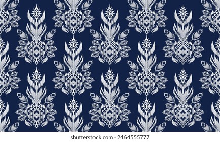 Hand draw Ikat floral paisley embroidery.geometric ethnic oriental pattern traditional.Aztec style abstract vector illustration.blue background.great for textiles, banners, wallpapers, wrapping design