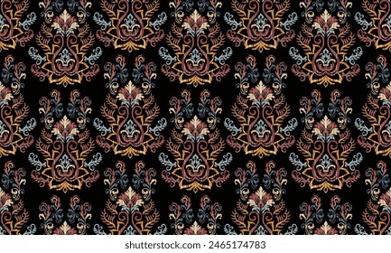 Hand draw Ikat floral paisley embroidery.geometric ethnic oriental pattern traditional.Aztec style abstract vector illustration.black background.great for textiles, banners, wallpapers, wrapping.