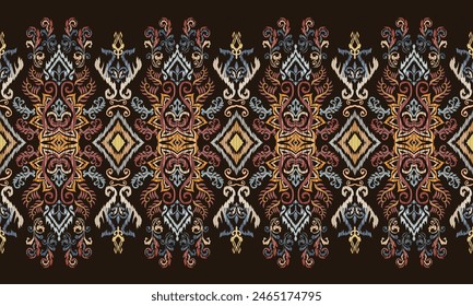 Hand draw Ikat floral paisley embroidery.Ikat ethnic oriental seamless pattern traditional.Aztec style abstract vector illustration.brown background.great for textiles, banners, wallpapers, wrapping.