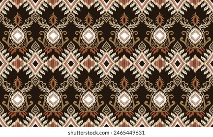 Hand draw Ikat floral paisley embroidery.Ikat ethnic oriental seamless pattern traditional.Aztec style abstract vector illustration.brown background.great for textiles, banners, wallpapers, wrapping.