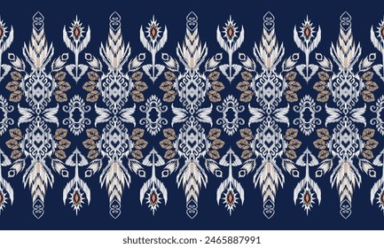 Hand draw Ikat floral paisley embroidery.geometric ethnic oriental pattern traditional.Aztec style abstract vector illustration.blue background.great for textiles, banners, wallpapers, wrapping.