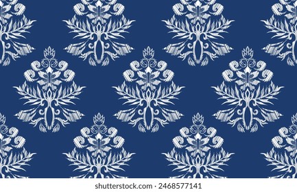 Hand draw Ikat floral paisley embroidery.Ikat ethnic oriental pattern traditional.Aztec style abstract vector illustration.blue background.great for textiles, banners, wallpapers.