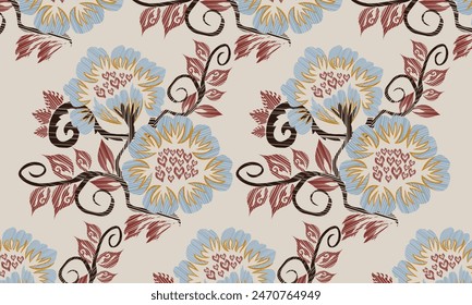 Hand draw Ikat floral paisley embroidery Ikat ethnic oriental seamless pattern traditional.Aztec style abstract vector illustration.white background.great for textiles, banners, wallpapers.