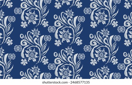 Hand draw Ikat paisley embroidery.geometric ethnic oriental pattern traditional.Aztec style abstract vector illustration.blue background.great for textiles, banners, wallpapers.