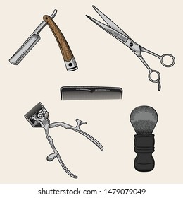 Hand draw illustration of Barber tool/having accessories set in engraving style 