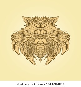 hand draw illustration chief wolf head engraving style