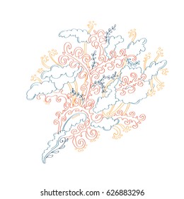 Hand draw illustration, coloring book zentangle. Abstract clouds and curves.