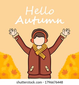 Hand draw illustration of Cute girl character in autumn background. vector illustration