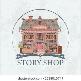 Hand draw illustration of the cute vintage bookstore with the front window, door with a doorbell, a green tree, and a cozy home at the second floor. For art prints, cards, books'-banner 2024.