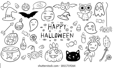 Hand draw illustration doodle style   word Happy Halloween decorated with cute cartoon, spooky, scary ghost, candy, witch hat, voodoo doll, spider.