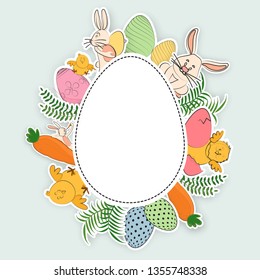 Hand draw illustration of easter egg covered by cute animals, birds on gray background for Easter Celebration poster or flyer design.