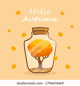 Hand draw illustration of A glass bottle with tree in autumn background. vector illustration
