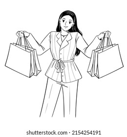 Hand draw illustration of happy woman holding shopping bag enjoying shopping