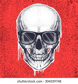 Hand draw illustration of hipster skull with glasses on, textured background.