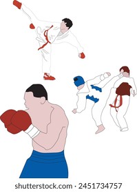 hand draw illustration of karate, taekwondo and boxing