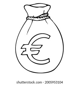 Hand Draw Illustration Money Bag. Outline Euro Sack. Line Art Commercial Icon, Finance