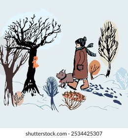 Hand draw Illustration with a person walking the dog in winter park, Vector graphic isolated, doodle, hand draw, with texture. Funny and beautiful